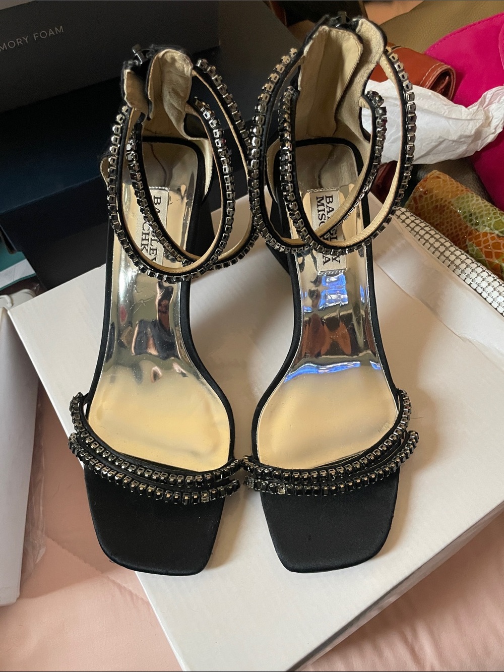 Badgley Mischka Black Crystal-Trim Ankle-Strap Heels
